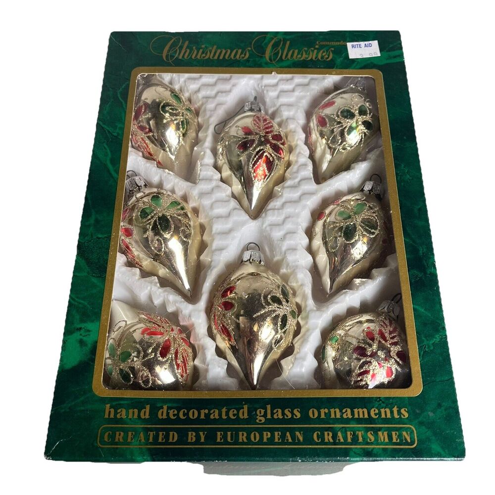 Christmas Classics 8 Gold Tear Drop Glass Ornaments Hand Decorated Vintage Bulbs